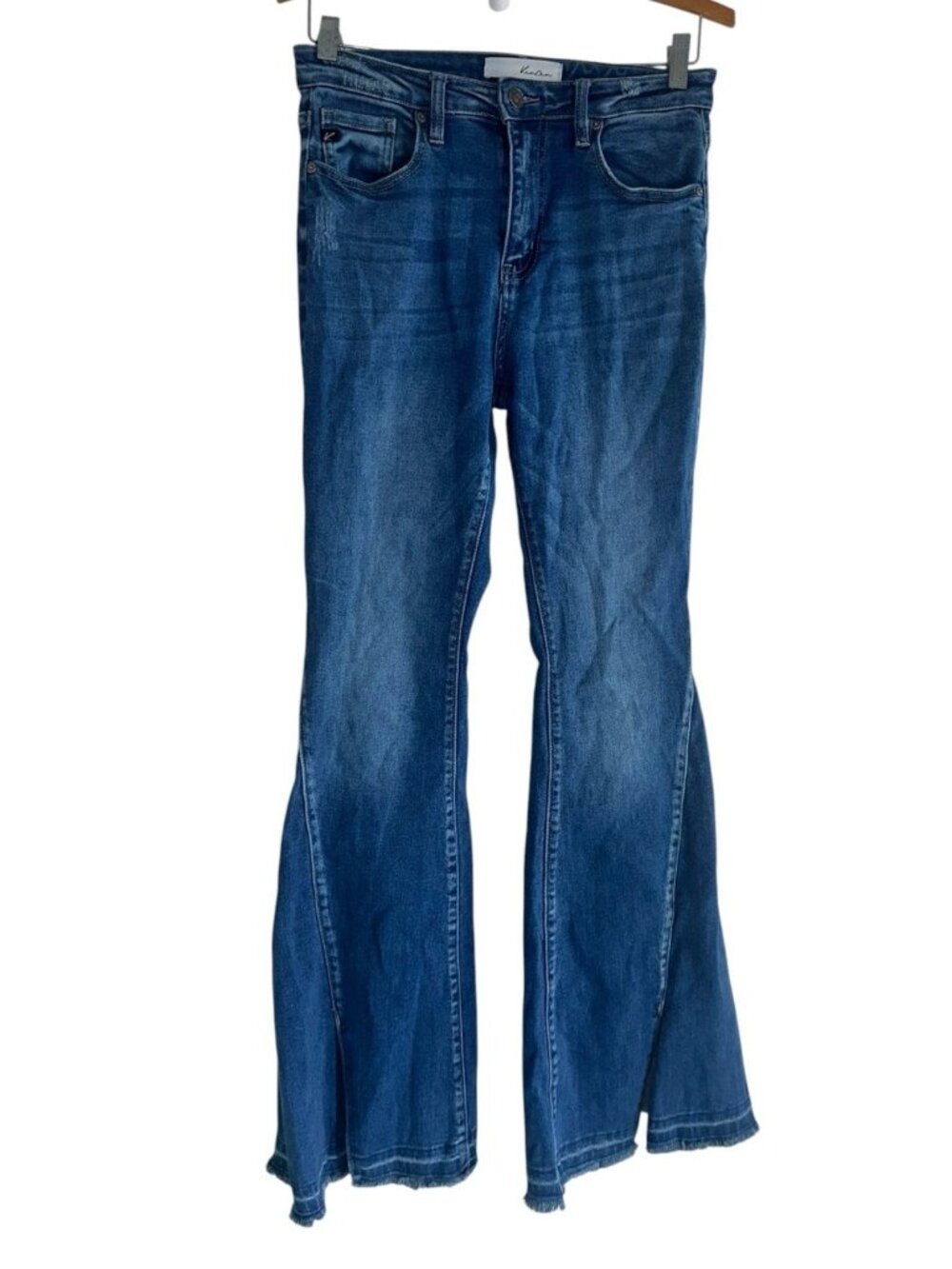 KanCan Womens Desiree High Rise Flare Jeans Sz 7/27 Medium Wash Raw Hem Boho
